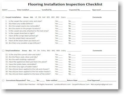 Landlord Flooring Installation Inspection Checklist - CarpetProfessor.com